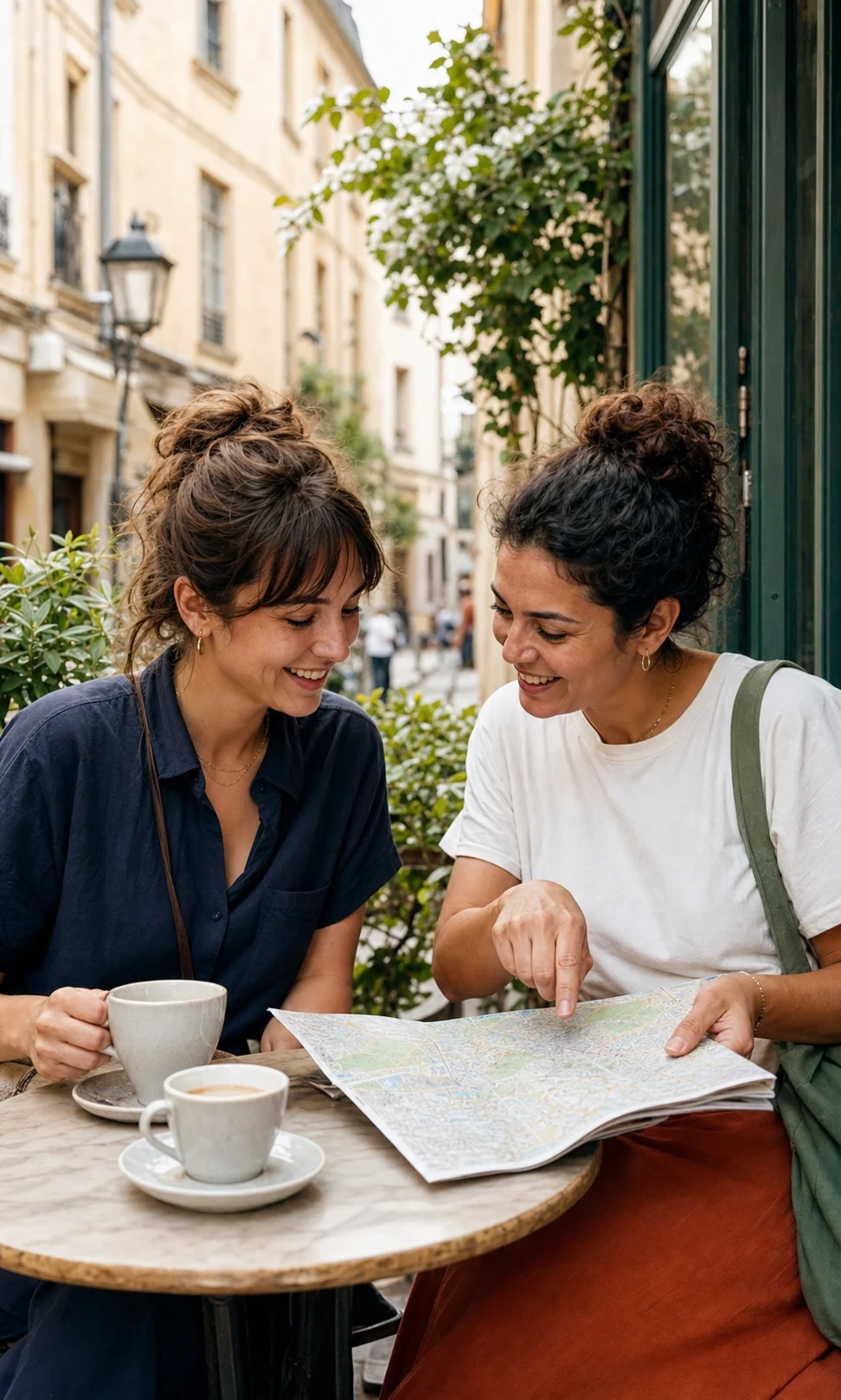 Deux femmes consultent un plan ensemble à la terrasse d’un café